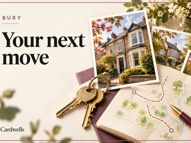 Illustrative editorial cover about your next move, labelled Bury and Cardwells; not a photograph of a specific property.