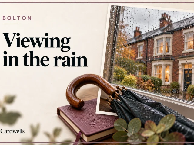 Illustrative editorial cover about viewing in the rain, labelled Bolton and Cardwells; not a photograph of a specific property.