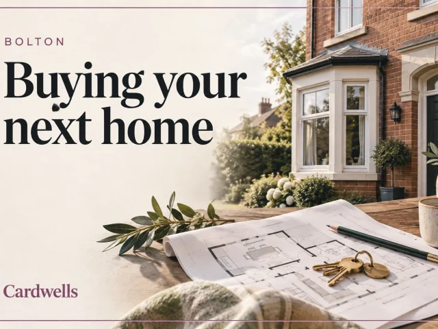 Illustrative brick house, floor plan and keys with the words Bolton, Buying your next home and Cardwells.