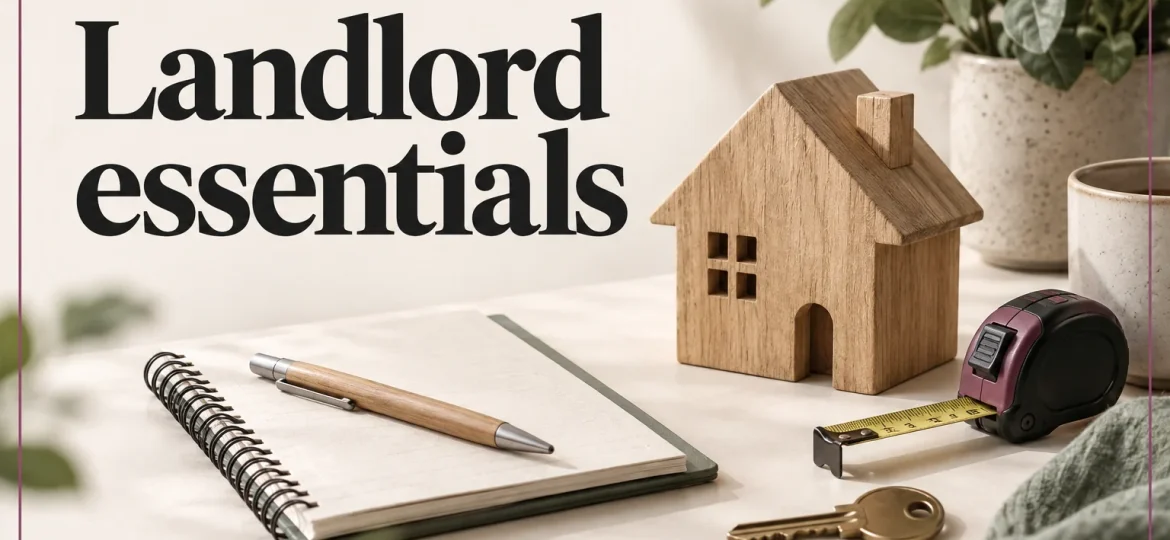 House model, notebook and tape measure with the words Bolton, Landlord essentials and Cardwells.