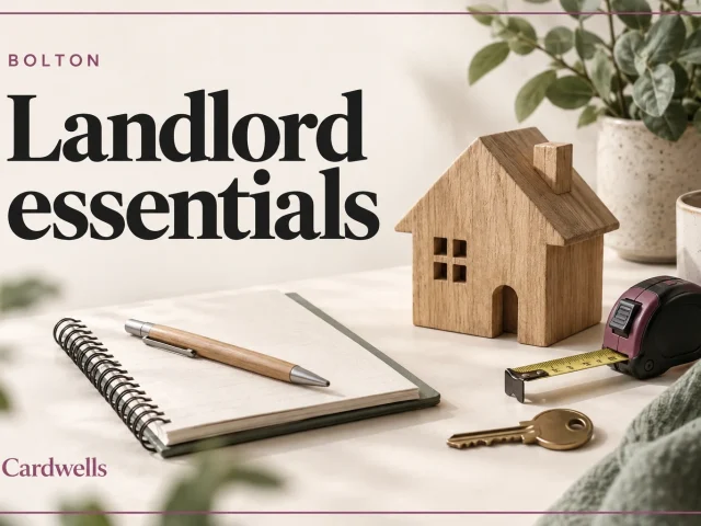 House model, notebook and tape measure with the words Bolton, Landlord essentials and Cardwells.