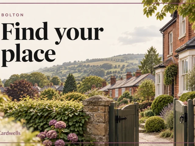 Illustrative brick homes, trees and hillside with the words Bolton, Find your place and Cardwells.
