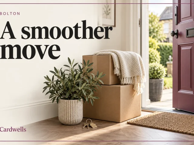 Moving boxes, a plant and keys by a doorway with the words Bolton, A smoother move and Cardwells.