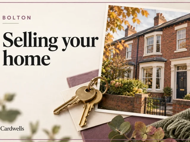 Illustrative terraced house and keys with the words Bolton, Selling your home and Cardwells.