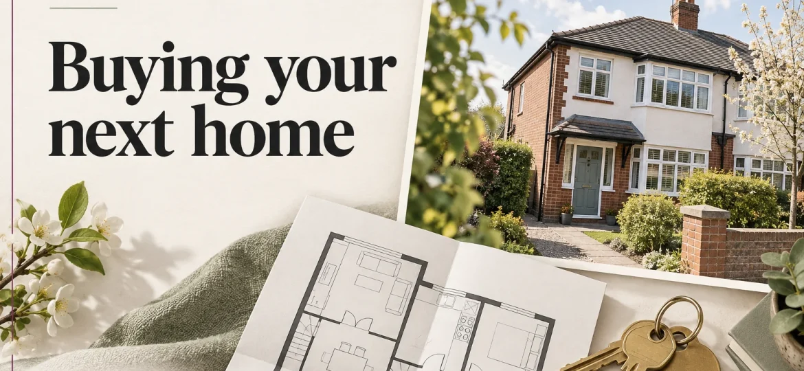 Illustrative semi-detached house, floor plan and keys with the words Bury, Buying your next home and Cardwells.