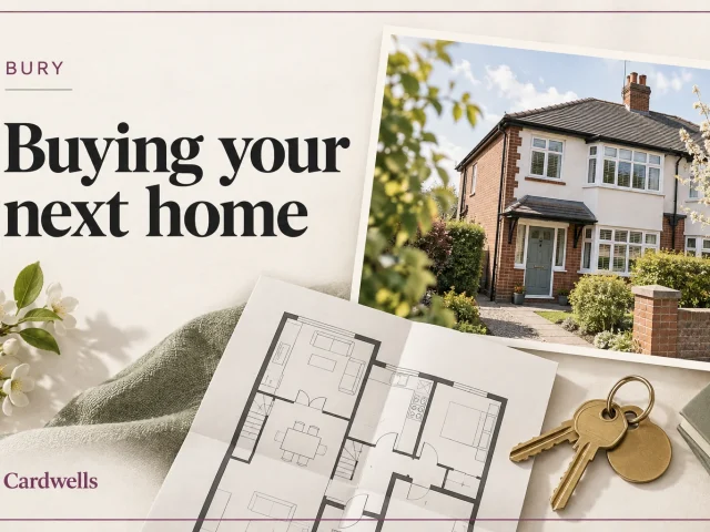 Illustrative semi-detached house, floor plan and keys with the words Bury, Buying your next home and Cardwells.