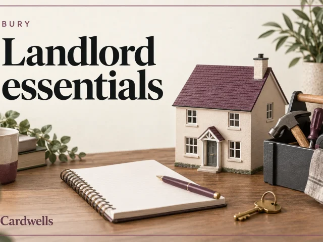 House model, notebook and toolbox with the words Bury, Landlord essentials and Cardwells.