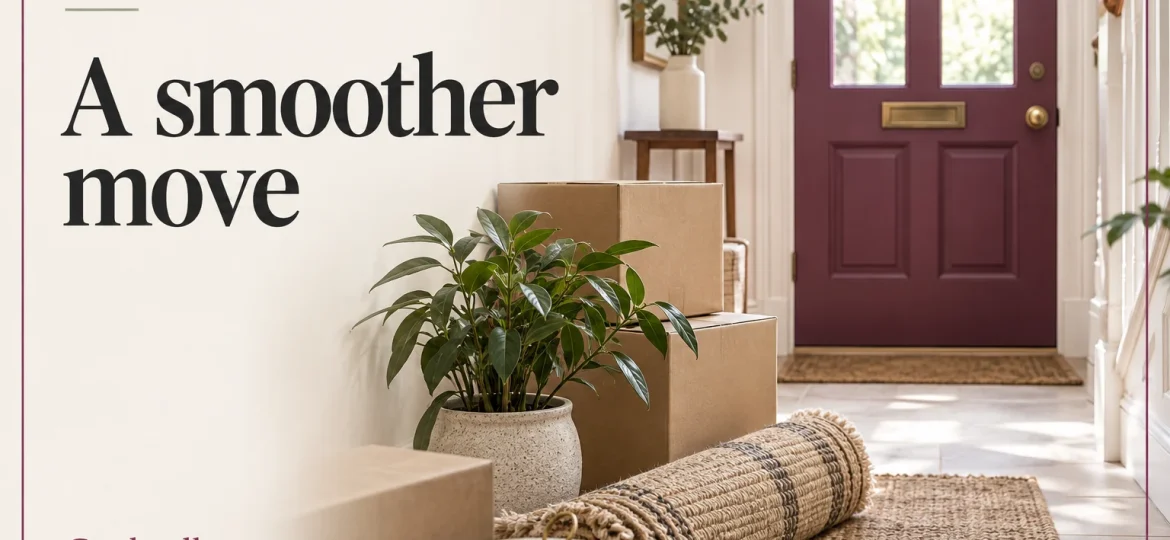 Moving boxes, a plant and a rug in a hallway with the words Bury, A smoother move and Cardwells.