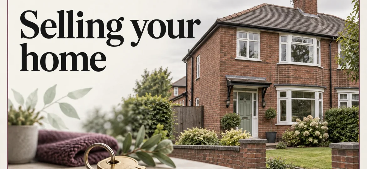 Illustrative brick semi-detached house and keys with the words Bury, Selling your home and Cardwells.