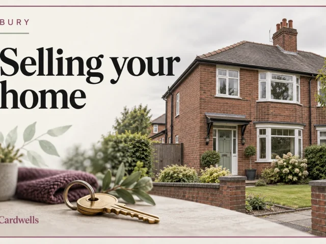 Illustrative brick semi-detached house and keys with the words Bury, Selling your home and Cardwells.